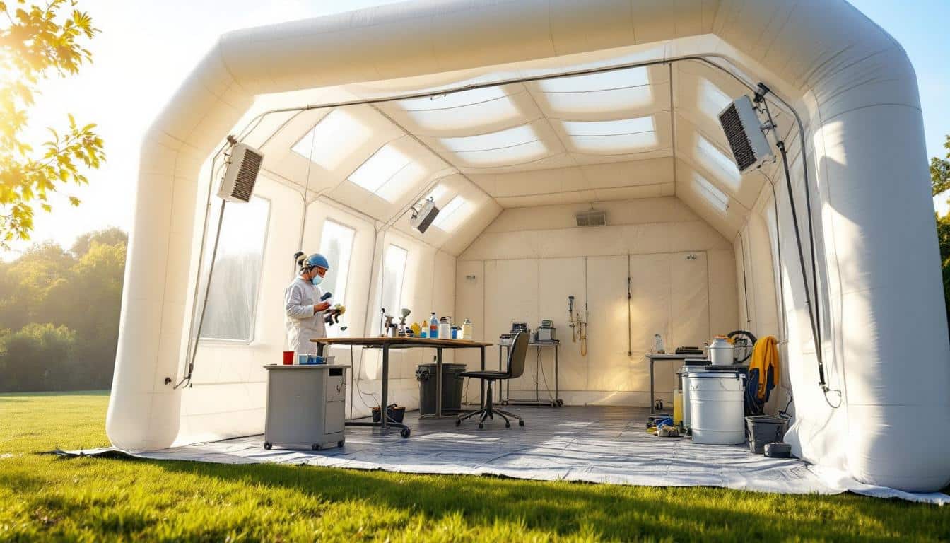 découvrez notre cabine de peinture gonflable, portable et facile à installer, idéale pour des travaux rapides et professionnels en toute mobilité.